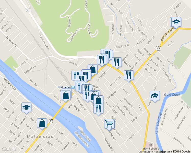 map of restaurants, bars, coffee shops, grocery stores, and more near 145 Pike Street in Port Jervis