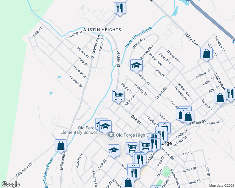 map of restaurants, bars, coffee shops, grocery stores, and more near 713 Oak Street in Old Forge