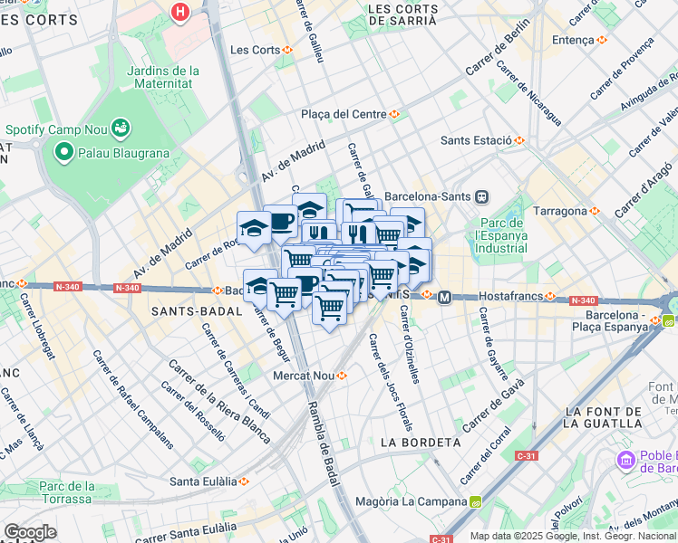 map of restaurants, bars, coffee shops, grocery stores, and more near 13 Carrer de Panissars in Barcelona