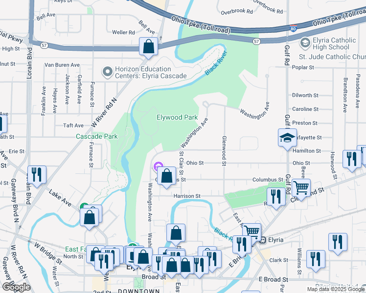 map of restaurants, bars, coffee shops, grocery stores, and more near 627 Washington Avenue in Elyria