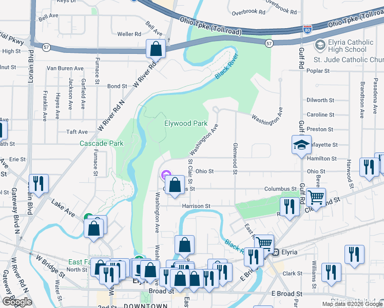 map of restaurants, bars, coffee shops, grocery stores, and more near Washington Avenue in Elyria