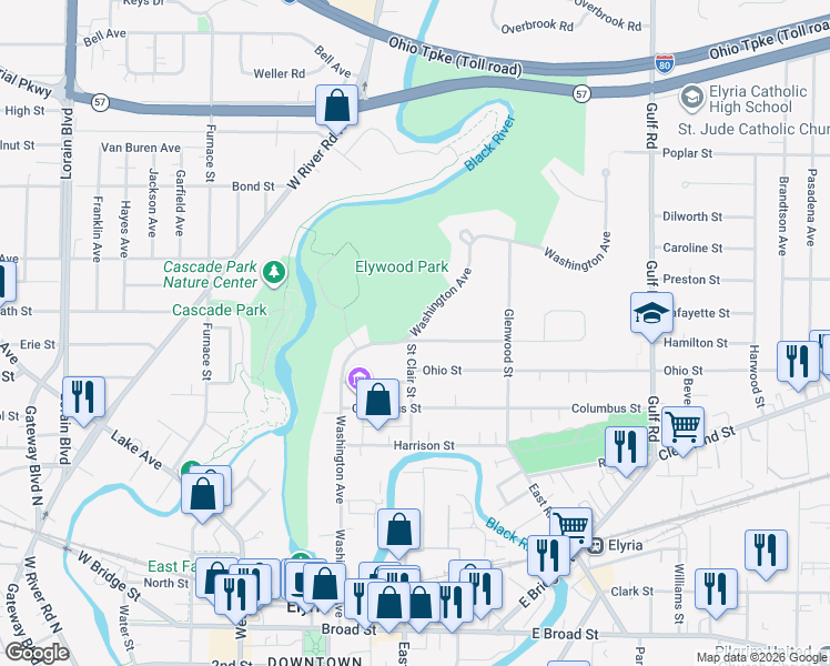 map of restaurants, bars, coffee shops, grocery stores, and more near Washington Avenue in Elyria
