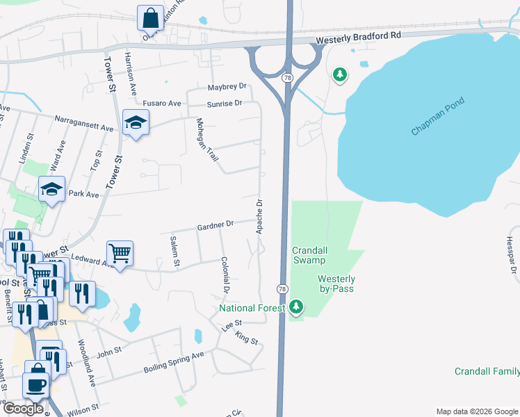 map of restaurants, bars, coffee shops, grocery stores, and more near 28 Apache Drive in Westerly