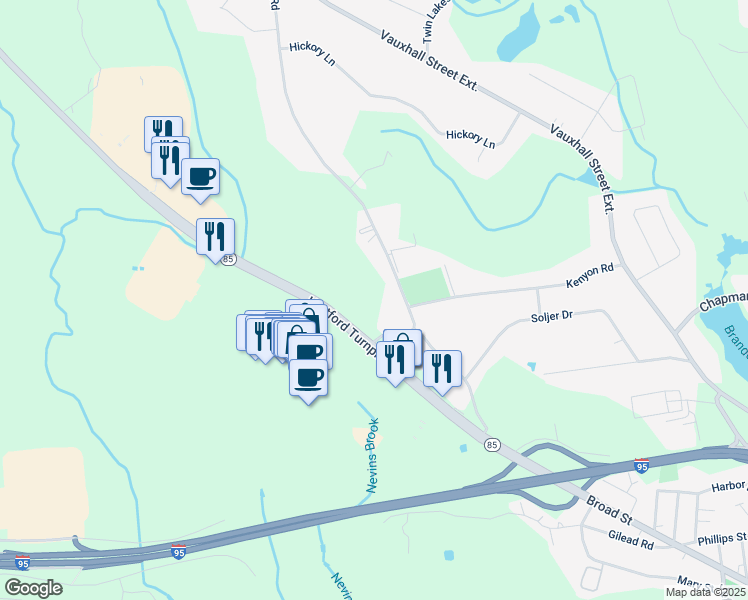 map of restaurants, bars, coffee shops, grocery stores, and more near 40 Dayton Rd in Waterford
