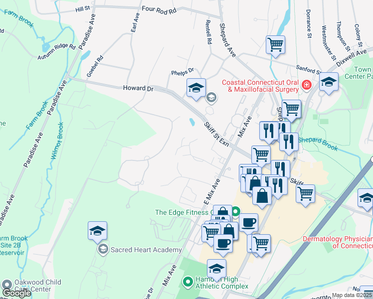 map of restaurants, bars, coffee shops, grocery stores, and more near 163 Towne House Road in Hamden
