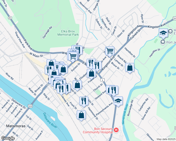 map of restaurants, bars, coffee shops, grocery stores, and more near 29 Elizabeth Street in Port Jervis
