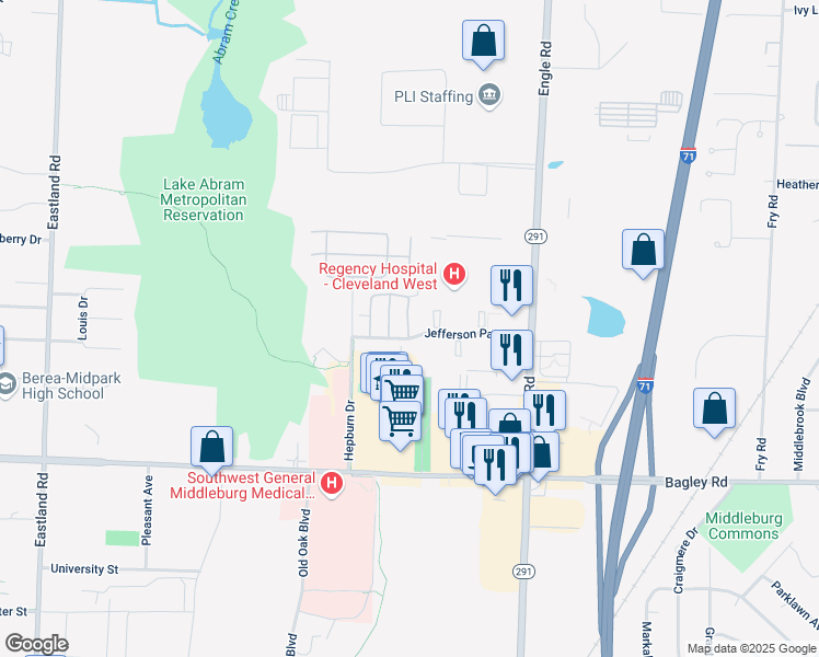 map of restaurants, bars, coffee shops, grocery stores, and more near 18253 Jefferson Park Road in Middleburg Heights