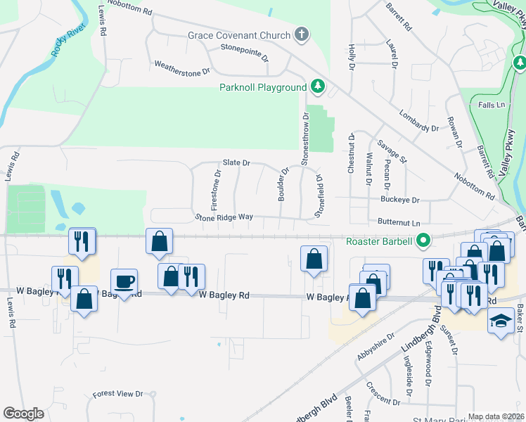 map of restaurants, bars, coffee shops, grocery stores, and more near 100 Pyrite Court in Berea