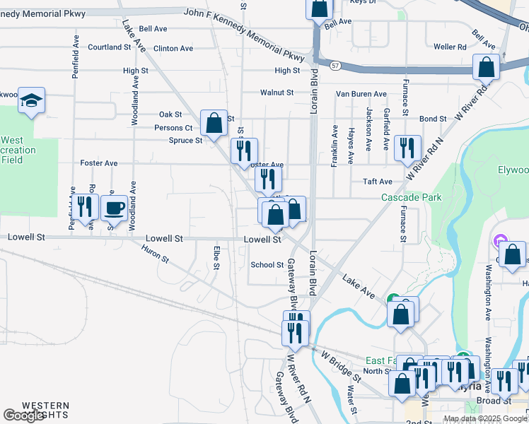 map of restaurants, bars, coffee shops, grocery stores, and more near 9 Shear Street in Elyria
