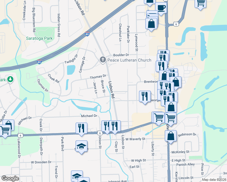 map of restaurants, bars, coffee shops, grocery stores, and more near 500 Brentwood Drive in Morris