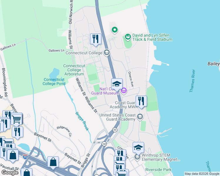 map of restaurants, bars, coffee shops, grocery stores, and more near 182 Mohegan Avenue Parkway in New London