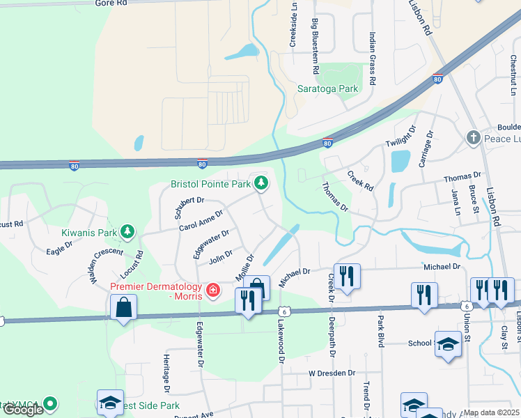 map of restaurants, bars, coffee shops, grocery stores, and more near 1809 Anne Lane in Morris