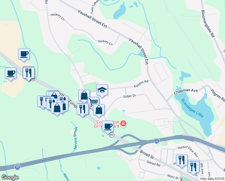 map of restaurants, bars, coffee shops, grocery stores, and more near 55 Soljer Drive in Waterford