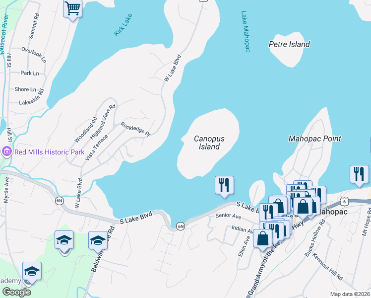 map of restaurants, bars, coffee shops, grocery stores, and more near 34 Canopus Island in Mahopac