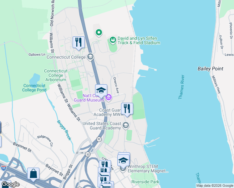 map of restaurants, bars, coffee shops, grocery stores, and more near 44 Deshon Street in New London