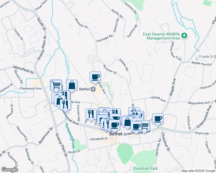 map of restaurants, bars, coffee shops, grocery stores, and more near 28 Simeon Road in Bethel