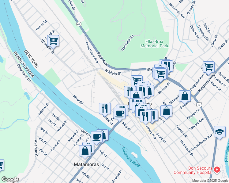 map of restaurants, bars, coffee shops, grocery stores, and more near 60 Pike Street in Port Jervis