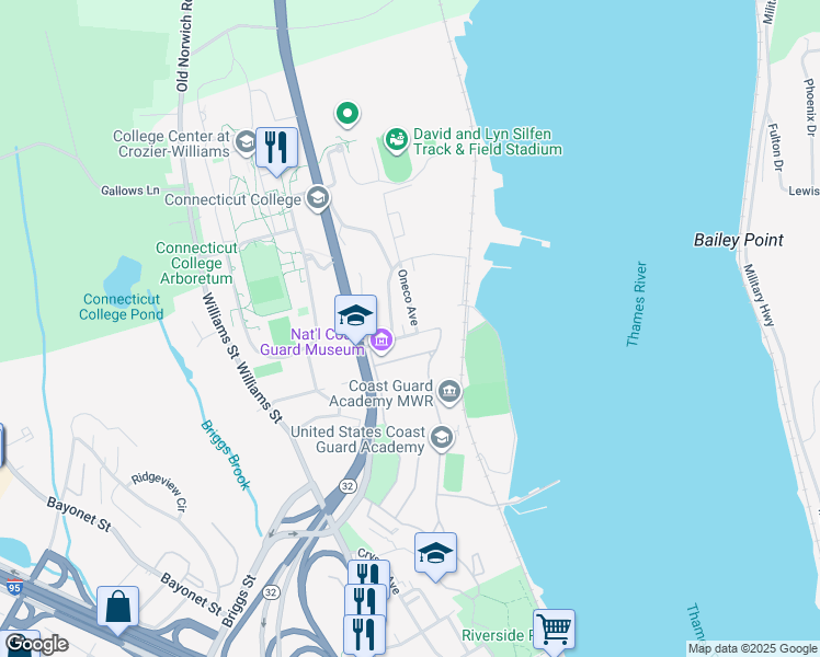 map of restaurants, bars, coffee shops, grocery stores, and more near 44 Deshon Street in New London