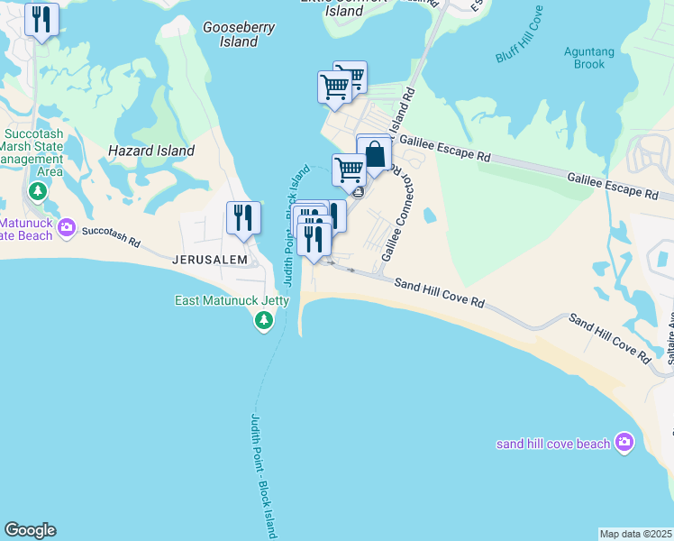 map of restaurants, bars, coffee shops, grocery stores, and more near 224 Sand Hill Cove Road in Narragansett