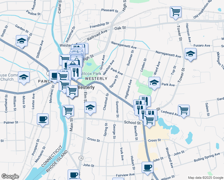 map of restaurants, bars, coffee shops, grocery stores, and more near 56 Granite Street in Westerly