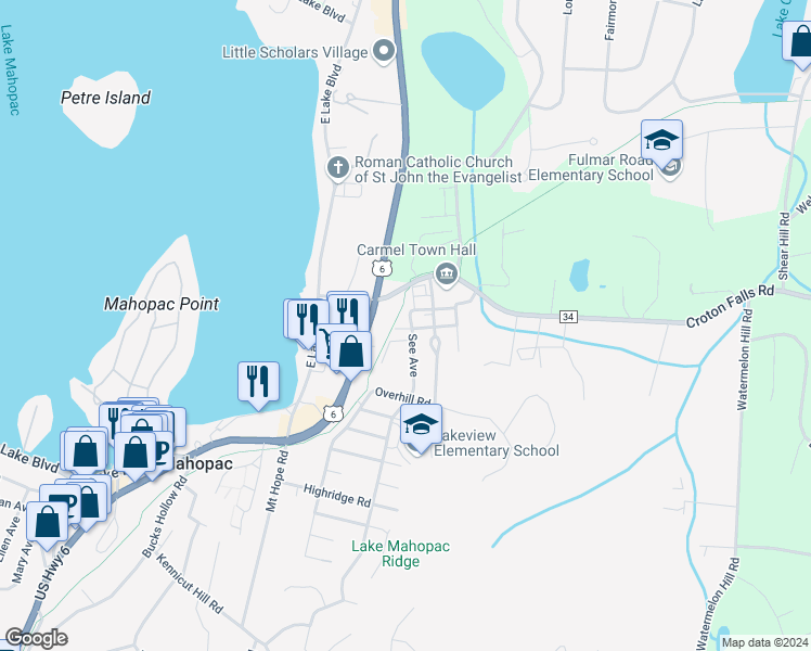 map of restaurants, bars, coffee shops, grocery stores, and more near 9 Baldwin Street in Mahopac