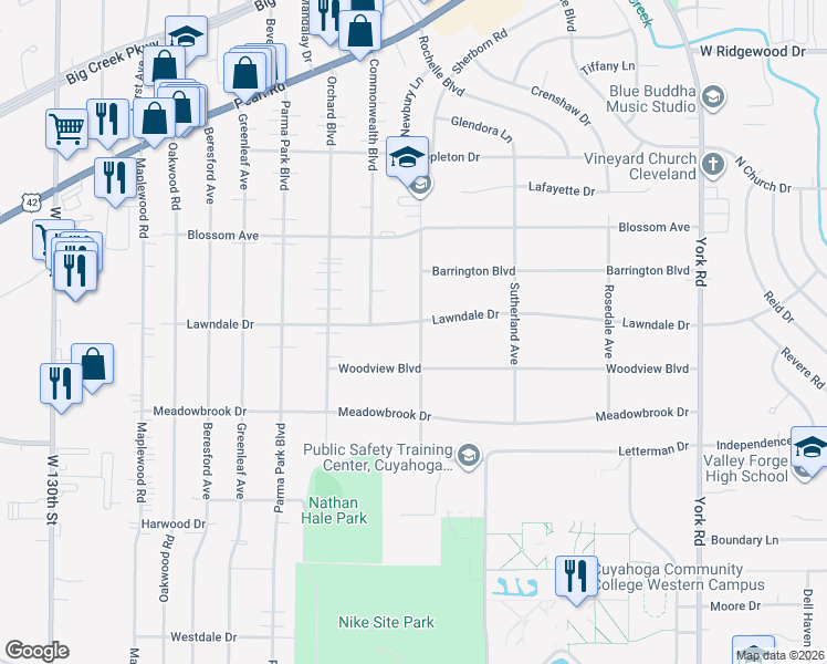 map of restaurants, bars, coffee shops, grocery stores, and more near 11814 Woodview Boulevard in Parma Heights