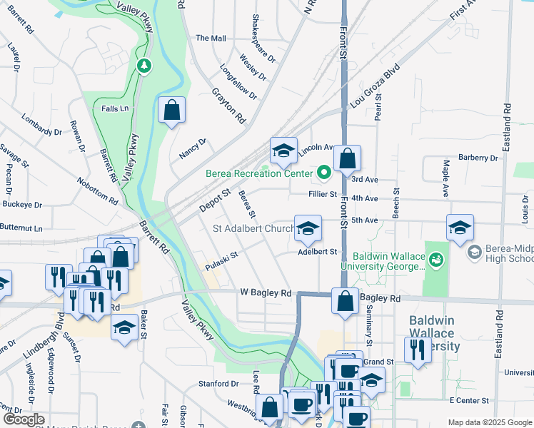 map of restaurants, bars, coffee shops, grocery stores, and more near 138 West 5th Avenue in Berea