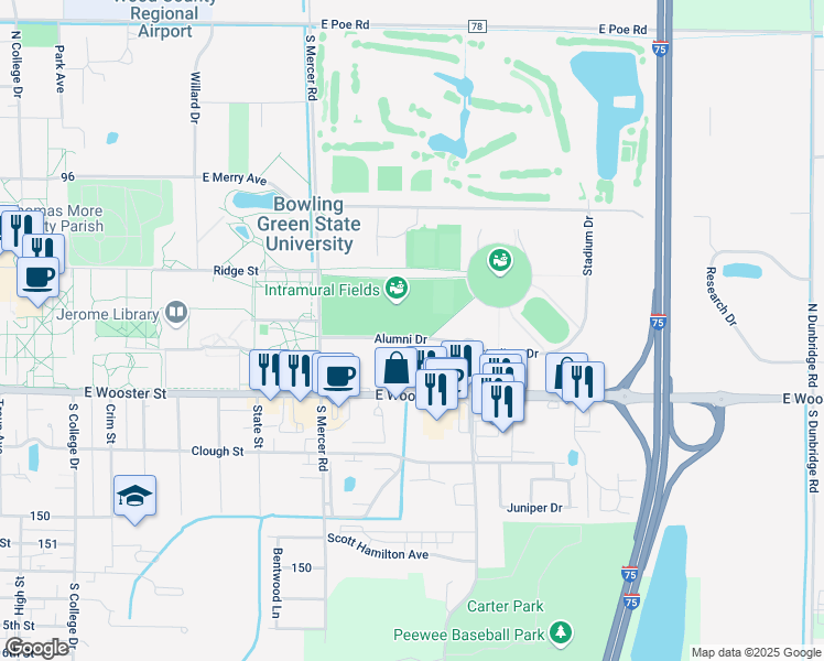 map of restaurants, bars, coffee shops, grocery stores, and more near 417 North Mercer Road in Bowling Green