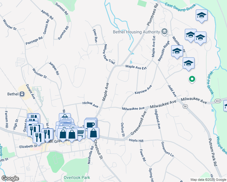 map of restaurants, bars, coffee shops, grocery stores, and more near 2 McKay Road in Bethel