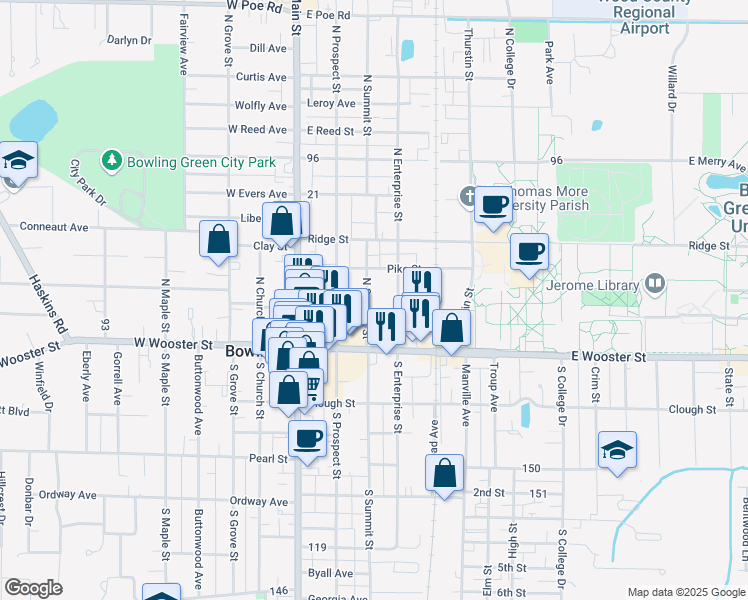 map of restaurants, bars, coffee shops, grocery stores, and more near 200 North Summit Street in Bowling Green