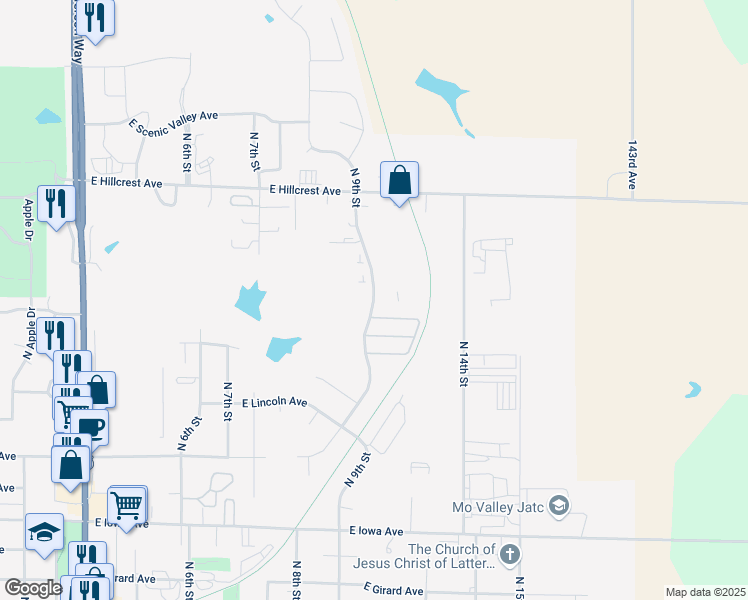 map of restaurants, bars, coffee shops, grocery stores, and more near 1603 North 9th Street in Indianola
