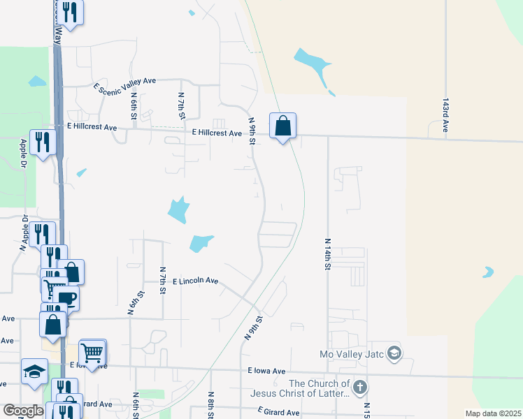 map of restaurants, bars, coffee shops, grocery stores, and more near 1603 North 9th Street in Indianola