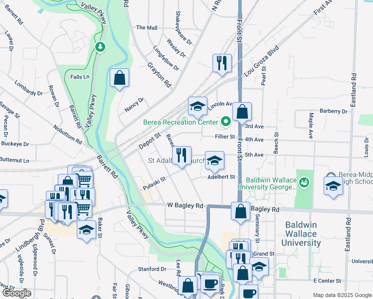 map of restaurants, bars, coffee shops, grocery stores, and more near 138 West 5th Avenue in Berea