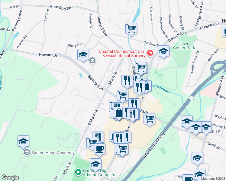 map of restaurants, bars, coffee shops, grocery stores, and more near 905 Mix Avenue in Hamden