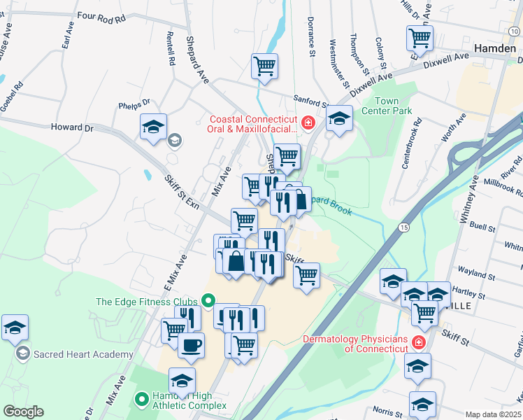 map of restaurants, bars, coffee shops, grocery stores, and more near 2380 Dixwell Avenue in Hamden
