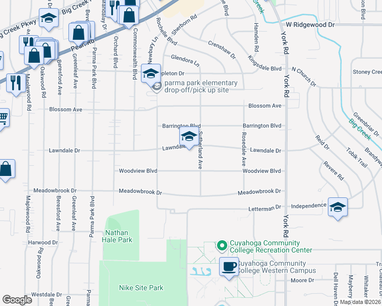 map of restaurants, bars, coffee shops, grocery stores, and more near 11483 Lawndale Drive in Parma Heights