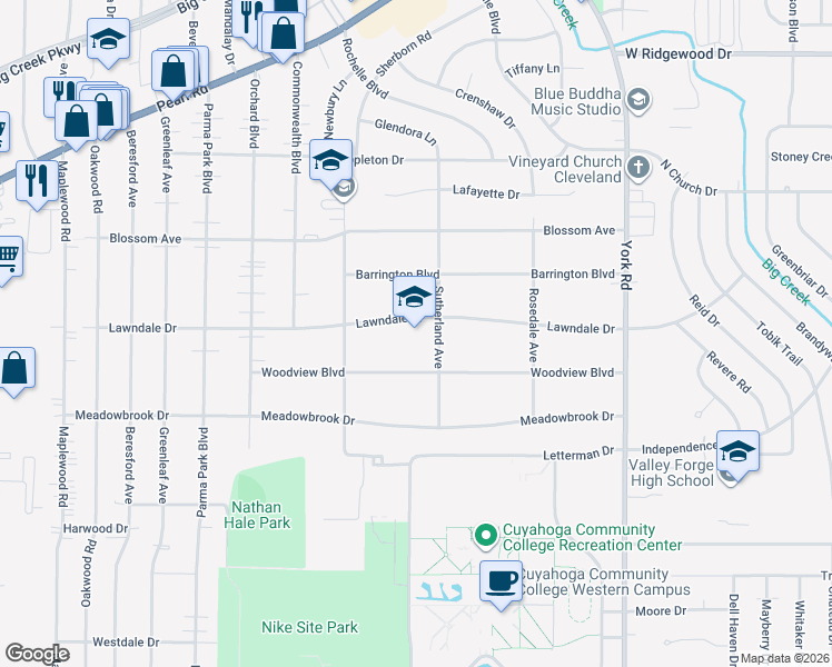 map of restaurants, bars, coffee shops, grocery stores, and more near in Parma Heights