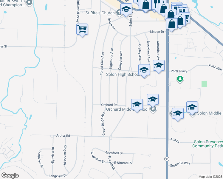 map of restaurants, bars, coffee shops, grocery stores, and more near 6728 Duneden Avenue in Solon