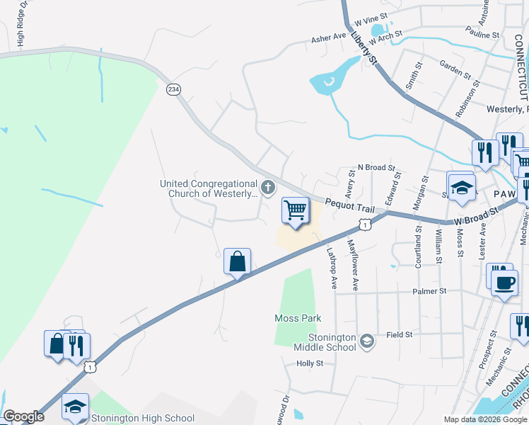 map of restaurants, bars, coffee shops, grocery stores, and more near 2 Red Oak Lane in Stonington