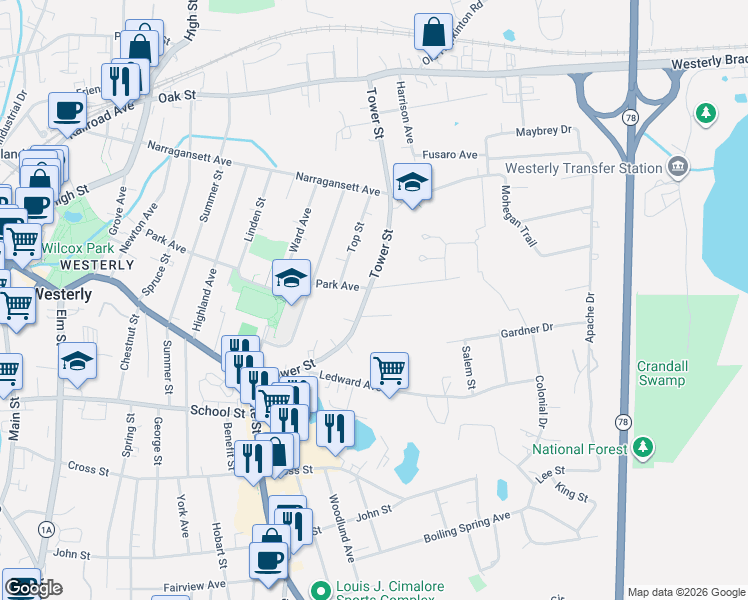 map of restaurants, bars, coffee shops, grocery stores, and more near 4 Joshua Street in Westerly