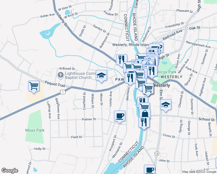 map of restaurants, bars, coffee shops, grocery stores, and more near 122 West Broad Street in Stonington