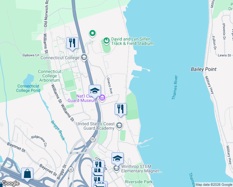 map of restaurants, bars, coffee shops, grocery stores, and more near 44 Deshon Street in New London