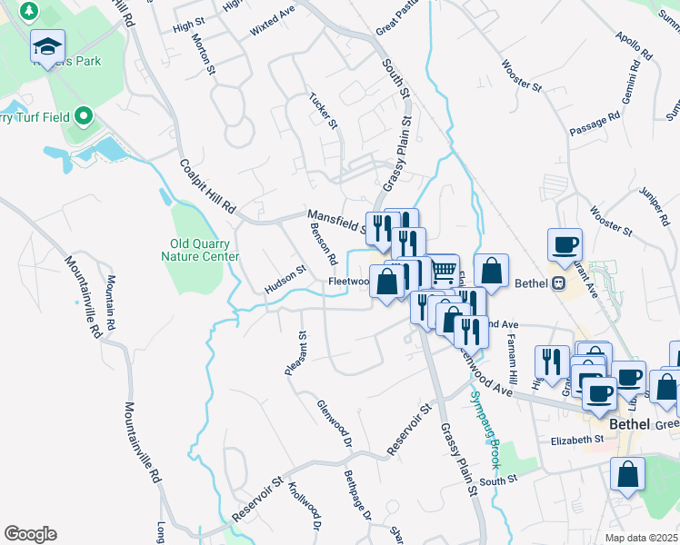 map of restaurants, bars, coffee shops, grocery stores, and more near 17 Fleetwood Avenue in Bethel