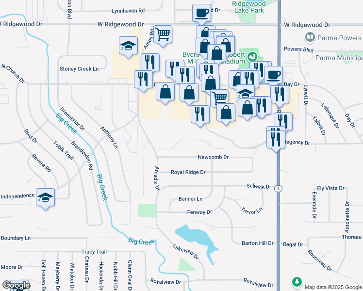 map of restaurants, bars, coffee shops, grocery stores, and more near 8564 Newcomb Drive in Parma