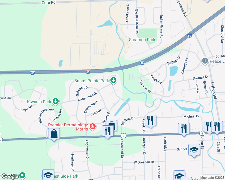 map of restaurants, bars, coffee shops, grocery stores, and more near 1722 Jennifer Court in Morris