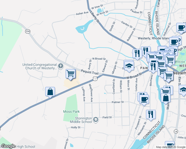 map of restaurants, bars, coffee shops, grocery stores, and more near 19 Pequot Trail in Stonington
