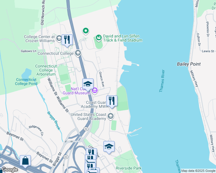 map of restaurants, bars, coffee shops, grocery stores, and more near 44 Deshon Street in New London