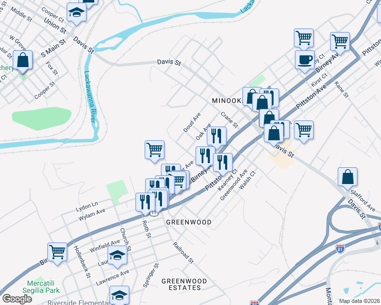 map of restaurants, bars, coffee shops, grocery stores, and more near 3304 Cedar Avenue in Moosic
