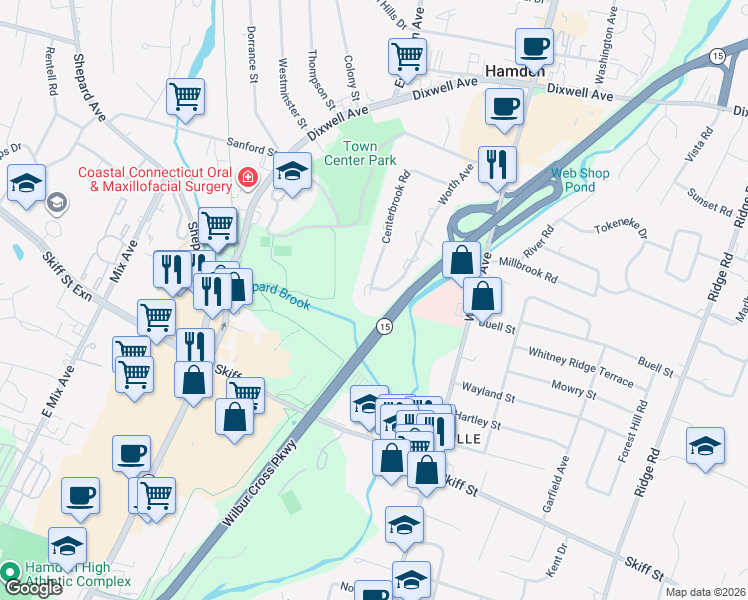 map of restaurants, bars, coffee shops, grocery stores, and more near 240 Centerbrook Road in Hamden