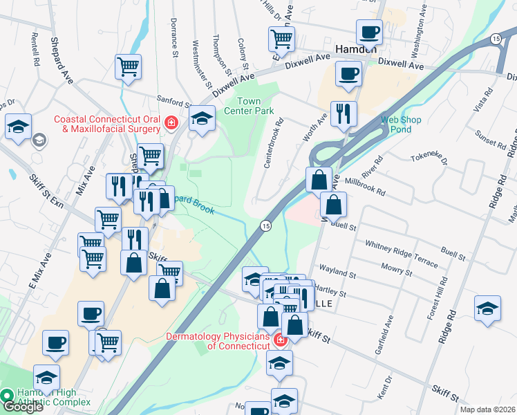map of restaurants, bars, coffee shops, grocery stores, and more near 240 Centerbrook Road in Hamden